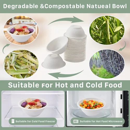Vista 5 de Paquete de 100 cuencos de papel desechables de 8 onzas, cuencos de bagazo natural ecológicos, resistentes, 100% compostables, biodegradables
