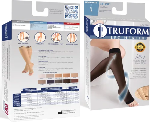 Vista 3 de Truform Medias de compresión transparentes, 15-20 mmHg, longitud hasta la rodilla para mujer, punta abierta, 20 denier, beige, talla S