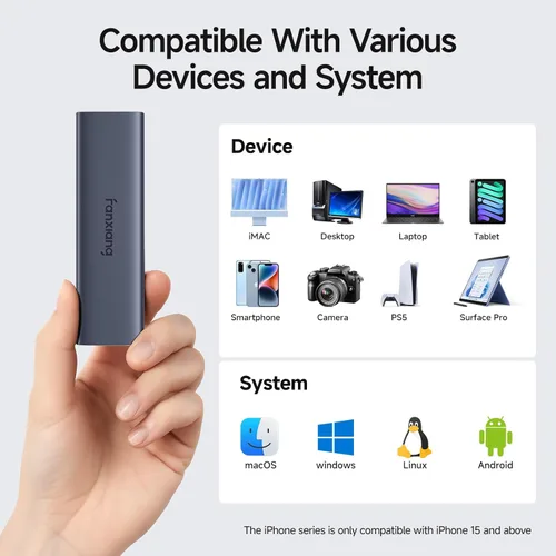 Vista 7 de fanxiang SSD externo de 500 GB, unidad de estado sólido portátil SSD, 1000 MB/s, USB 3.2 Gen2 tipo C, aleación de aluminio, disco duro externo