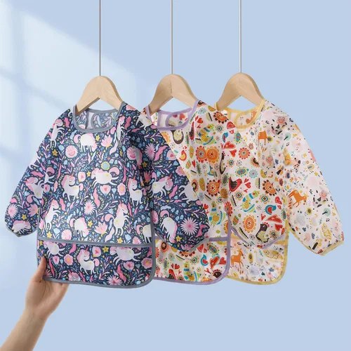 Vista 7 de Juego de 5 baberos impermeables de manga larga con bolsillo para niños pequeños de 6 a 30 meses