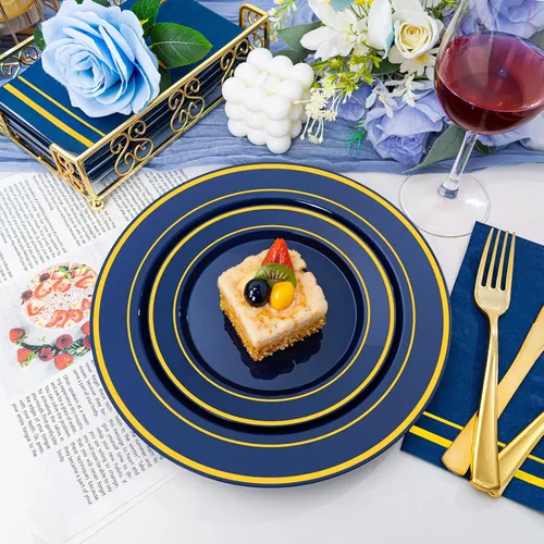 Vista 3 de NOCCUR 200 platos de plástico azul marino para 100 invitados, incluye 100 platos desechables de postre de 10 pulgadas, 100 platos desechables