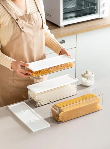 Vista 2 de Hanobe - Contenedores para pasta para despensa, grandes, para espaguetis y fideos y lasaña, 2 piezas, contenedor rectangular transparente gris
