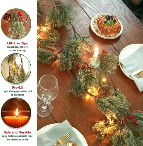 Vista 4 de Guirnaldas de cedro artificial de 6.4 pies, guirnalda de pino de invierno de tacto real con bayas rojas, guirnalda de vegetación verde para mesa