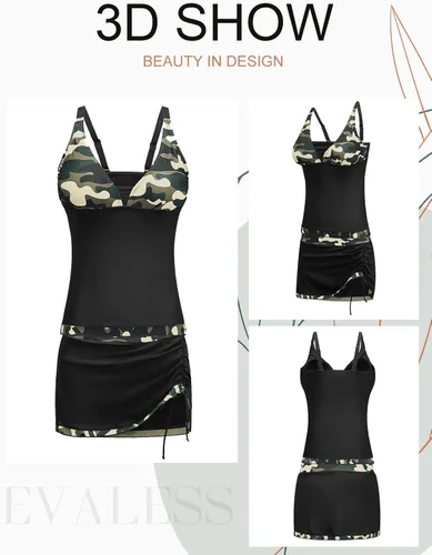 Vista 5 de EVALESS Traje de baño tankini para mujer 2 piezas estampado parte superior tankini con falda con cordón traje de baño