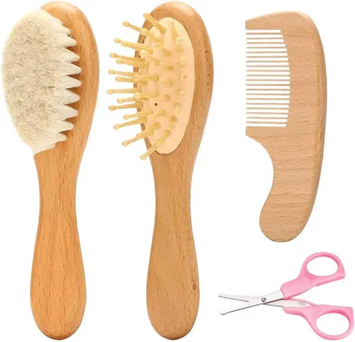 Vista 10 de Juego de cepillos de pelo de cabra para bebé, peine de madera para masaje, peine de cuero cabelludo, kit de cuidado natural seguro para el cabello