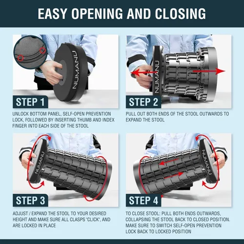 Vista 7 de NUMANU Taburete plegable mejorado 2025 y bolsa de transporte acolchada 3 en 1, altura ajustable de 2.5 a 18 pulgadas, máximo 620 libras, asiento