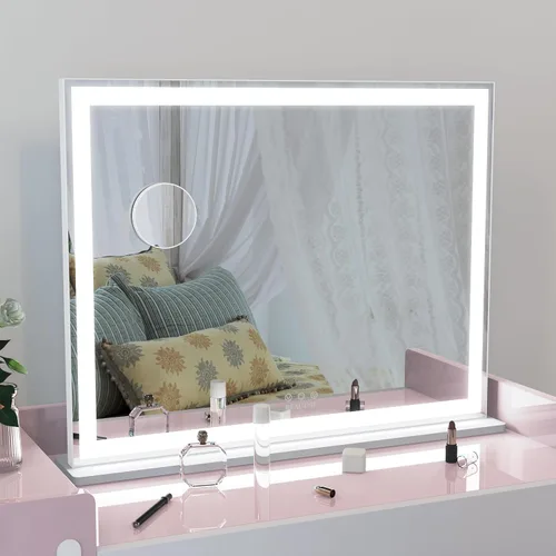 Vista 12 de ANYHI Espejo de tocador con luz, espejo de maquillaje grande Hollywood iluminado, 14 bombillas LED regulables, control táctil inteligente, montaje
