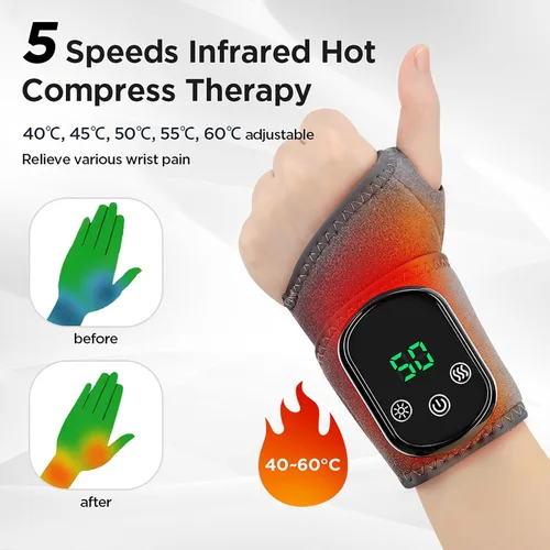 Vista 4 de Almohadilla térmica de muñeca recargable para aliviar el dolor, masajeador de manos calentado con 5 modos de calor y vibración, terapia para túnel