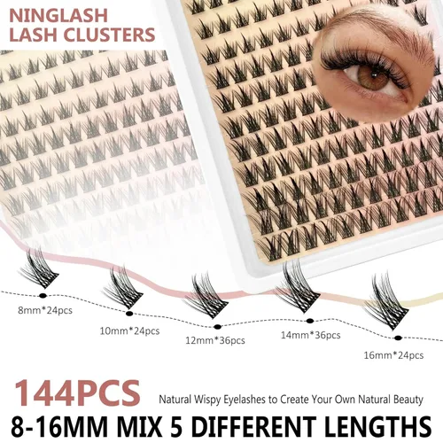 Vista 2 de Lash Clusters Manga Eyelash Clusters Wispy Spiky Cluster Eyelash Natural Look Extensions Individual 144pcs 8-16mm Fairy Lashes Volume Anime Lash