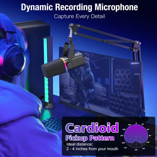 Vista 3 de ZealSound Micrófono Dinámico XLR/USB para Juegos y Podcast, Micrófono para iPhone, PC, Computadora, Juegos y Transmisión con Luz RGB, Botón