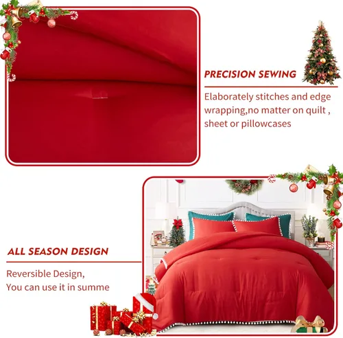 Vista 6 de Juego de edredón de Navidad, tamaño Queen, 3 piezas, con pompones, flecos, color rojo, bohemio, bohemio, de microfibra, suave y ligero, con pompones