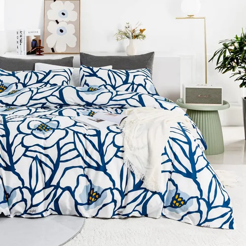 Vista 2 de YuHeGuoJi Funda de edredón botánica azul tamaño Queen, 100% algodón, funda de edredón floral blanca, juego de 3 piezas, 1 funda de edredón neutra