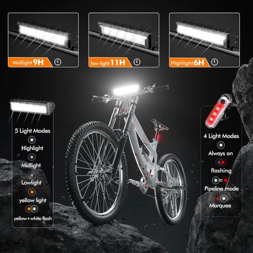 Vista 3 de Luces de bicicleta para conducción nocturna recargables de 9500 lúmenes, luces delanteras y traseras recargables, 5 modos ajustables, 5 faros