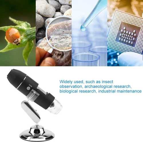Vista 6 de Microscopio digital, microscopio electrónico digital de mano Walfront Lupa 1000X 8 LED Soporte de observación ajustable, salida AV analógica para TV