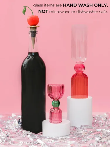 Vista 9 de ban.do Jigger de medición de cóctel, vaso de chupito de doble jigger, taza medidora de tiro 1/2 y 1, herramienta de barra de vidrio rosa, Tipsy Turvy