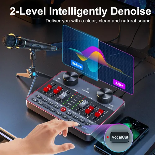 Vista 4 de Paquete de equipo de podcast para 2 micrófonos Tiktok Video Creator Kit, interfaz de audio, mezclador de DJ, tarjeta de sonido, micrófono