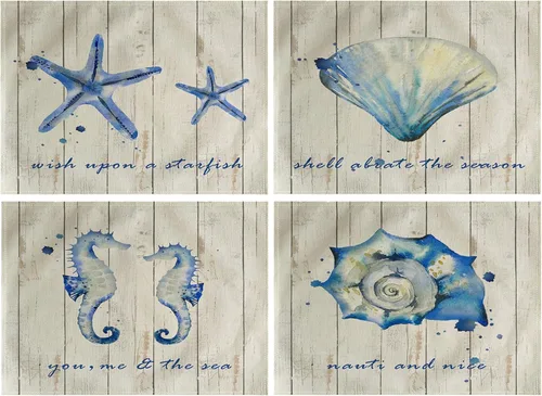 Paquete de 4 manteles individuales vintage de mar, diseño de estrellas de mar, hipocampo, conchas marinas, diseño de océano, impermeables,
