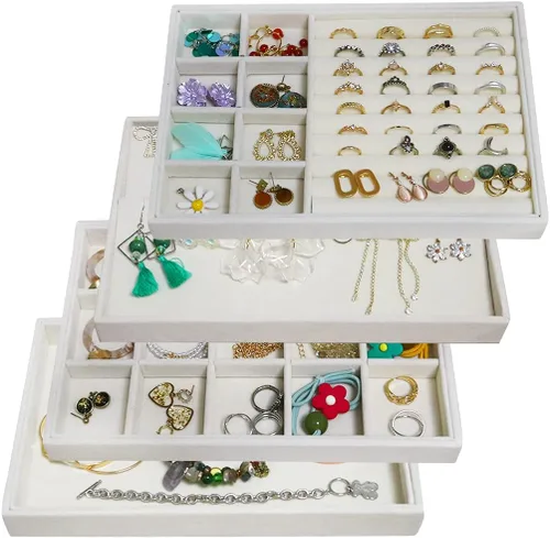 MINGRI Organizador de aretes, bandejas apilables para exhibición de joyas, bandejas de terciopelo para cajones de joyas, estuche para collares,