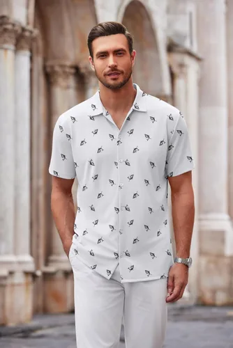 Vista 62 de COOFANDY Camisa casual con botones para hombre, manga corta, sin arrugas, camisa de verano Negro