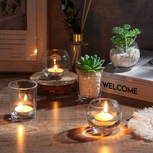 Vista 6 de DEVI 24 piezas Portavelas votivas de vidrio, portavelas de vidrio transparente para velas flotantes y luces de té, centros de mesa para bodas