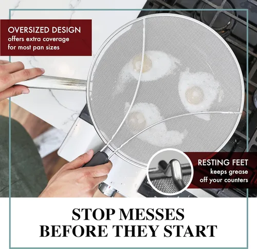 Vista 3 de Pantalla contra salpicaduras para sartén, protector de salpicaduras de grasa de acero inoxidable de 9.5 pulgadas, cubre salpicaduras de aceite