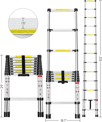 Vista 2 de Escalera telescópica de 8.5 pies, escalera extensible de aluminio con 2 reemplazos de cubierta de goma antideslizante, capacidad de carga de 330