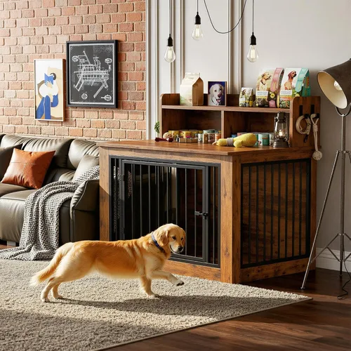 Vista 8 de IRONCK Mueble de jaula extragrande para perros, jaula de madera de 43.3 pulgadas con almacenamiento y 4 ganchos, jaula resistente para perros Marrón