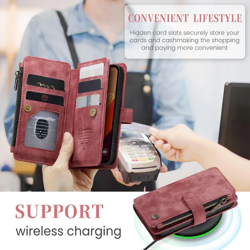 Vista 3 de CaseMe - Funda tipo cartera para iPhone 15 Pro, multifunción, hecha a mano, de piel sintética, con cremallera, a prueba de golpes, con cierre