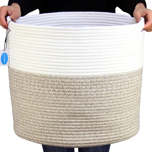 Vista 10 de Casaphoria Cesta de cuerda de algodón tejida con asa para dormitorio, cesta de almacenamiento redonda para baño, canasta grande para manta para sala