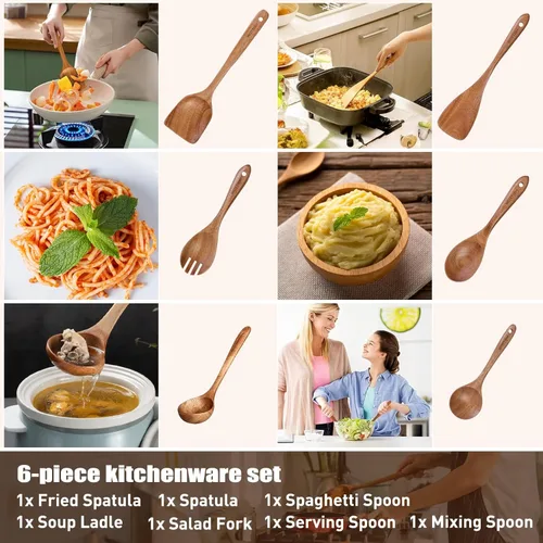 Vista 4 de Cucharas de madera - Cucharas de madera para cocinar, juego de utensilios de cocina de madera natural no tóxicos, utensilios de cocina de madera