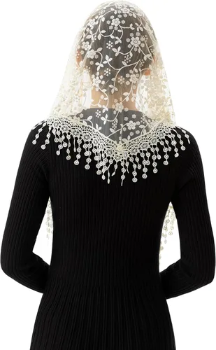 Vista 3 de PAMOR Triángulo velo de encaje Mantilla Catedral cabeza cubierta capilla velo para bodas masivas damas de honor