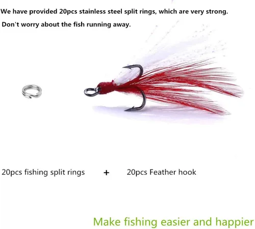 Vista 2 de Fishing Treble Hooks Feather Dressed: 20pcs/Box Feathered Treble Hook Size 2 4 6 8 with Split Rings Replacement for Fishing Lure Spinner Spoon