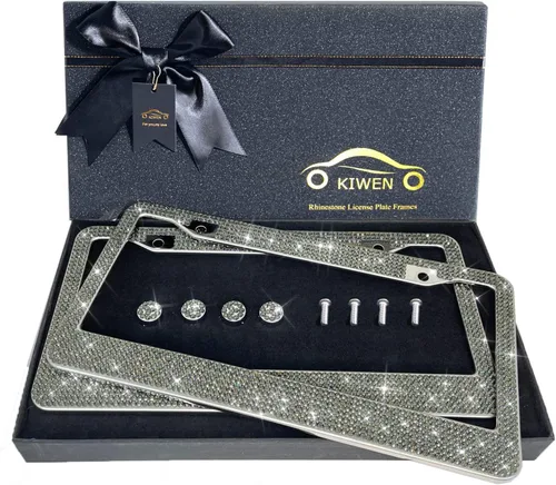 Vista 4 de Marcos de Matrícula Brillantes con Caja de Regalo de Cinta de Alta Gama, Paquete de 2 Marcos de Matrícula de Diamantes de Imitación, Marco
