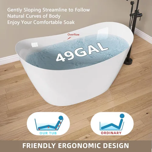 Vista 6 de GETPRO Bañera de pie independiente de 55 pulgadas de profundidad, doble zapatilla de acrílico independiente con desbordamiento ranurado integrado