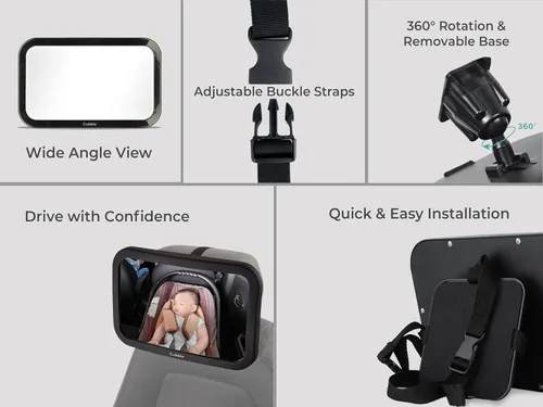 Vista 2 de Espejo de coche de bebé de gran angular inastillable de 360° con base extraíble (12 x 7.5 pulgadas), visión gran angular, rotación ajustable, fácil