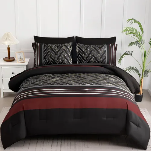 Vista 9 de Luxudecor Juego de edredón negro tamaño Queen, 7 piezas de ropa de cama geométrica a rayas en una bolsa, edredón geométrico y juego de sábanas
