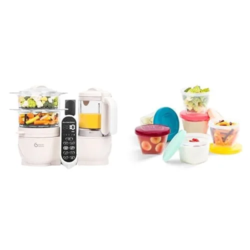 Babymoov Paquete de almacenamiento y máquina de alimentos para bebés – Estación de comidas Duo Meal Station Mineral Beige 6 en 1 vaporera y