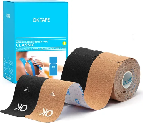 Vista 16 de OK TAPE Cinta de kinesiología de 10 pulgadas precortada, 20 tiras, cinta atlética elástica de algodón sin látex, 2 pulgadas x 16 pies, 2 rollos Beige
