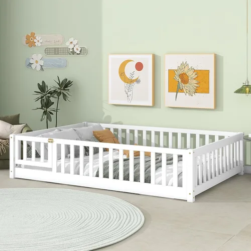 Vista 15 de Tatub Cama de suelo individual con rieles, puerta y listones, marco de cama Montessori de madera para niños y niñas, rosa