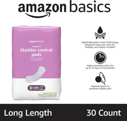 Vista 23 de Amazon Basics Almohadillas de incontinencia para mujer, control de vejiga y posparto, absorción de luz, sin perfume, 180 unidades, (6 paquetes de 30)