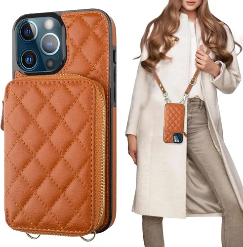 Vista 17 de Bocasal Funda tipo cartera cruzada para iPhone 13 Pro Max, bloqueo RFID de cuero PU con cremallera, bolso cartera con tapa plegable, funda tipo