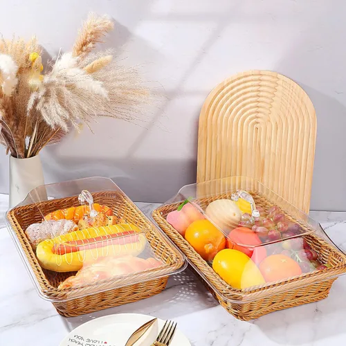 Vista 6 de Mumufy Paquete de 2 cestas de mimbre grandes para pan con tapa acrílica, regalo de inauguración de la casa, cesta rectangular de imitación de ratán