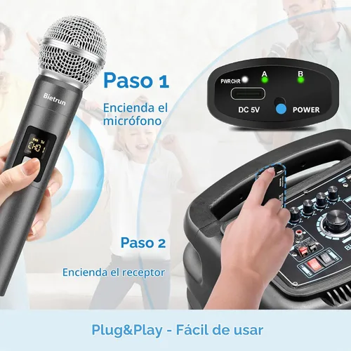 Vista 2 de Bietrun - Micrófono inalámbrico, juego de micrófonos de mano dinámicos de metal UHF con receptor recargable, salida de 1/4 de pulgada, para karaoke