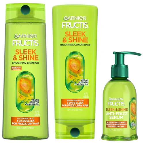 Garnier Fructis Sleek & Shine Champú, acondicionador + suero antiencrespamiento conjunto para cabello encrespado, cabello seco, aceite de argán (3
