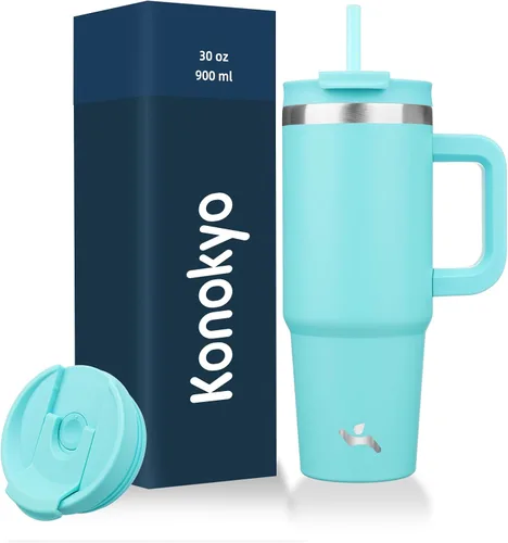 Vista 32 de Konokyo Vaso de 30 onzas con asa y 2 popotes, botella de agua aislada con tapa 2 en 1, taza de café de viaje de acero inoxidable, verde militar