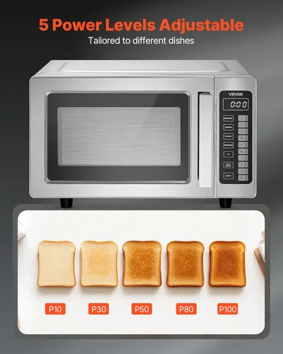 Vista 5 de VEVOR Horno microondas comercial, 0.9 pies cúbicos, 1000W Horno microondas digital de acero inoxidable para encimera con pantalla táctil, 10 ajustes