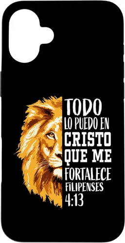 Vista 23 de iPhone 16 Filipenses 4:13 - Funda gráfica de león con versículo bíblico cristiano en español