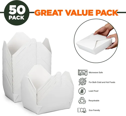 Vista 2 de Fit Meal Prep Paquete de 50 recipientes de papel de 54 onzas para llevar de 8.5 x 6 x 2 pulgadas, cajas blancas de comida para almuerzo #2, embalaje