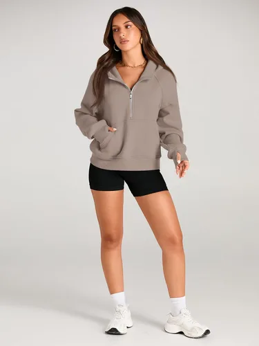 Vista 4 de AUTOMET Sudaderas con capucha para mujer, con media cremallera, chaquetas de vellón, tops de gran tamaño, trajes de otoño, ropa de moda de invierno