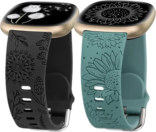 Vista 13 de Minyee Paquete de 2 correas grabadas florales compatibles con Fitbit Versa 4/Versa 3/Sense 2/Sense Band para mujer, lindo diseño de girasol